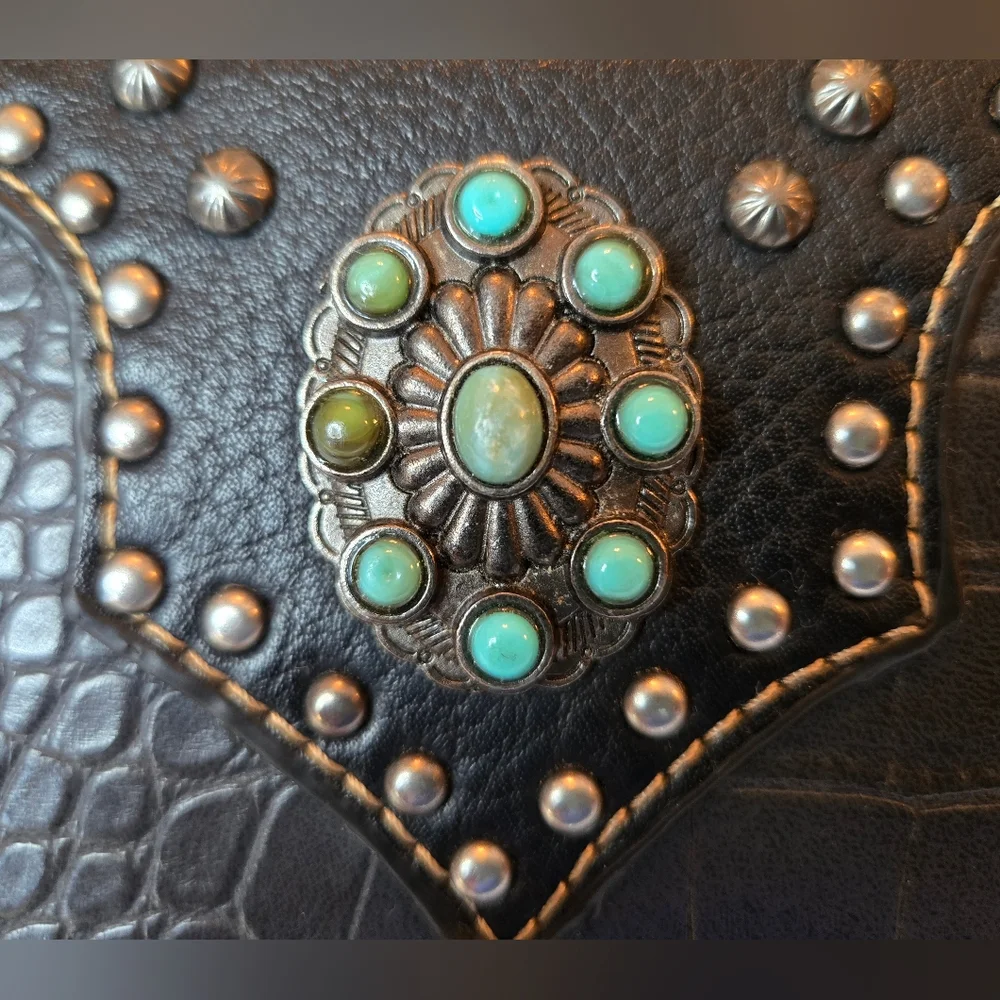 American Bling Western Black Faux Leather Wallet Turquoise Concho‎ Embellishment